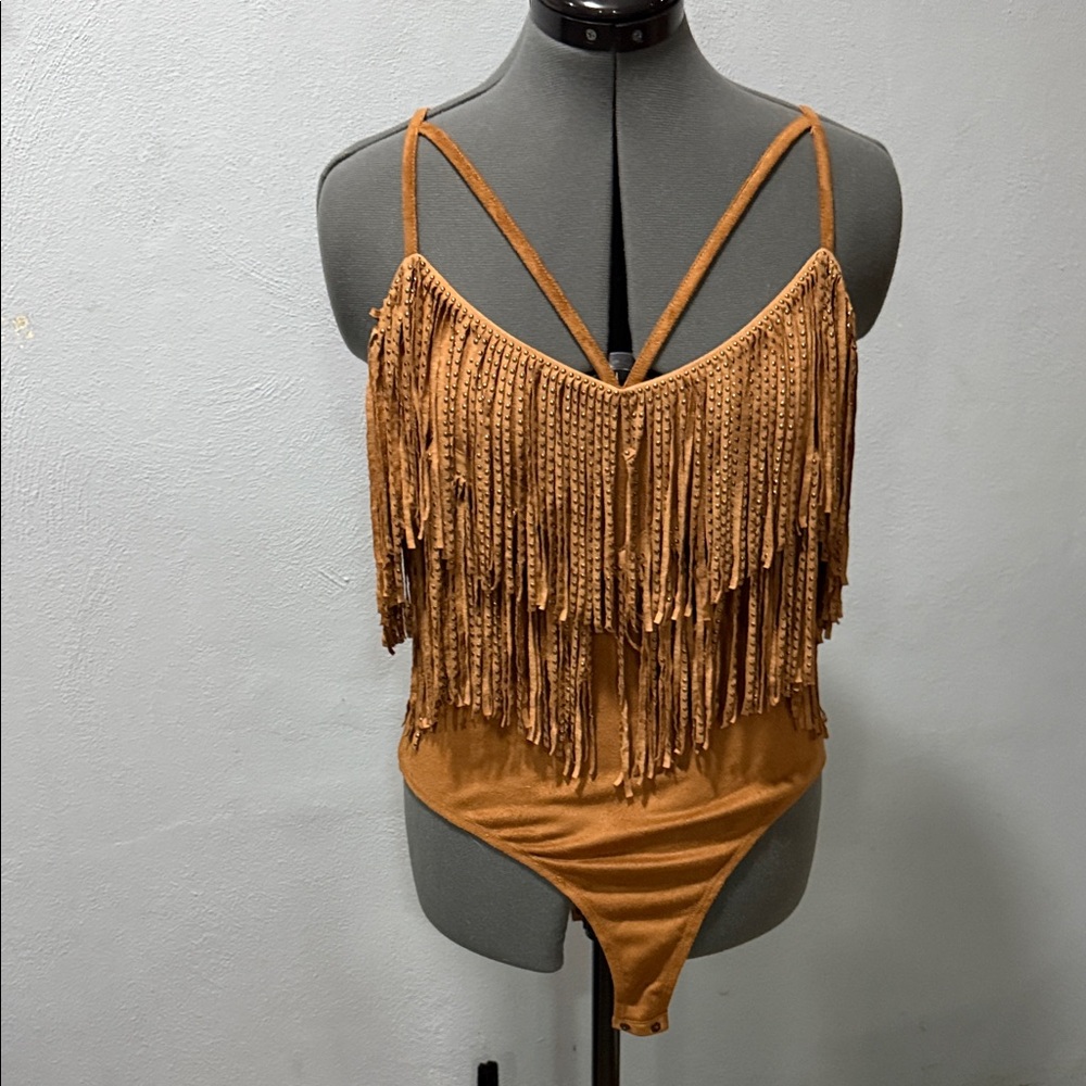 Fringe Tassel Bodysuit in Tan